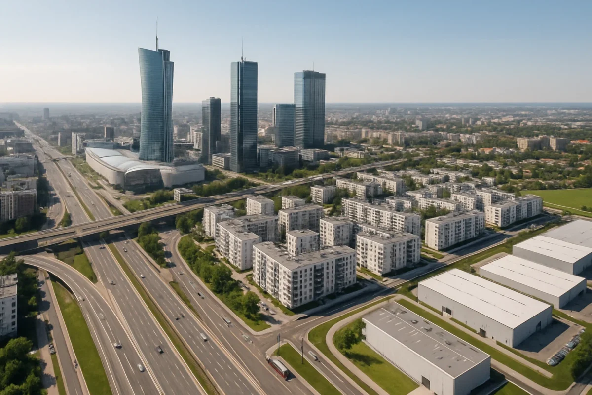 Panorama polskiego miasta z nowoczesnymi biurowcami, centrami handlowymi i rozbudowującymi się przedmieściami.